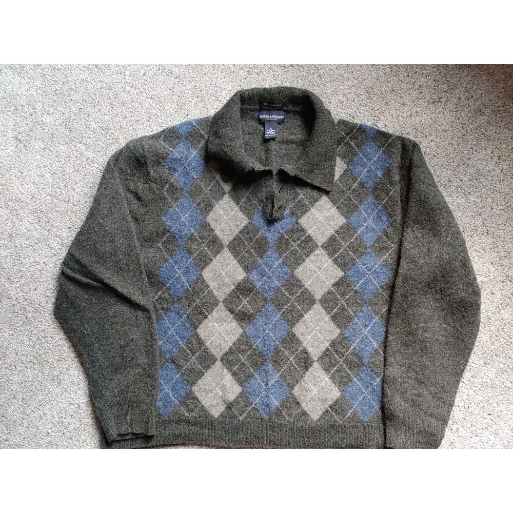 Vtg Mens Lambs Wool Argyle Sweater Bowen & Wright Collared Gray Preppy Soft